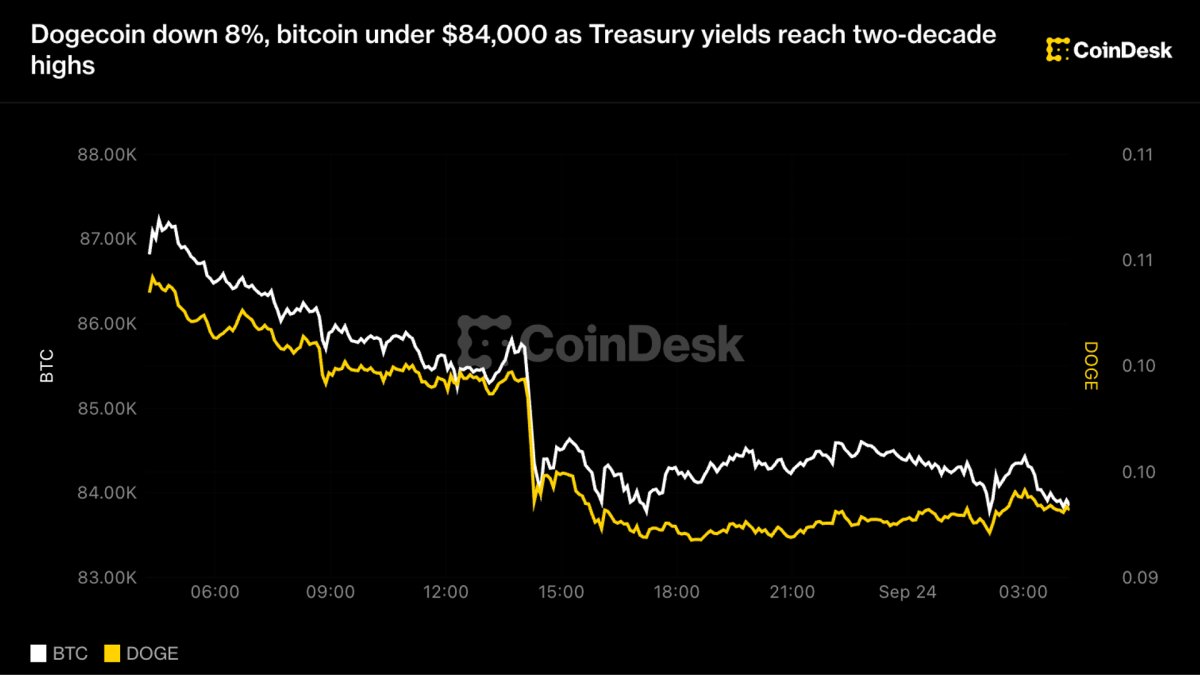 Dogecoin down 8%, bitcoin under $84,000 as Treasury yields hit highest level since 2007