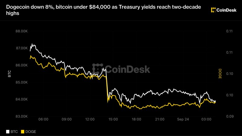 Dogecoin down 8%, bitcoin under $84,000 as Treasury yields hit highest level since 2007